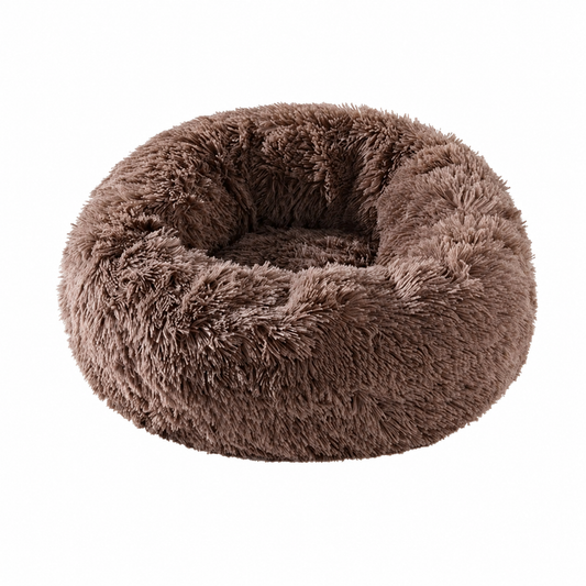 Brown round faux fur pet bed shown from above.
