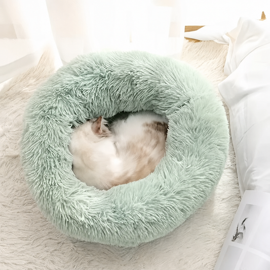 Pale green round faux fur pet bed with a white cat resting inside.