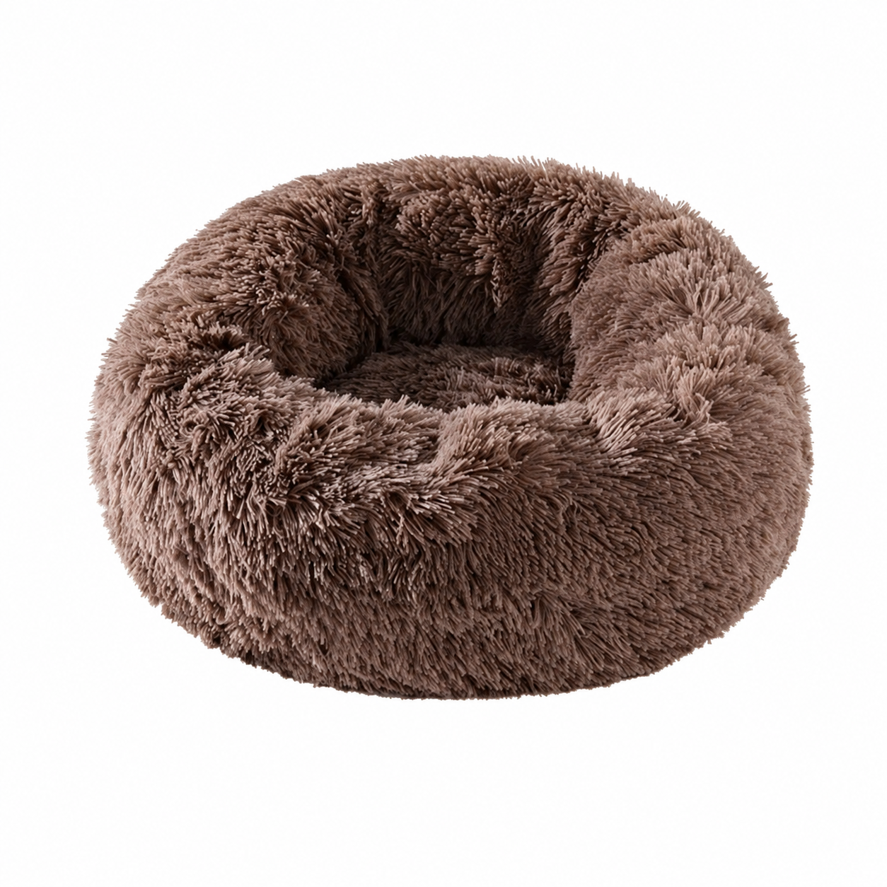 Brown round faux fur pet bed shown from above.
